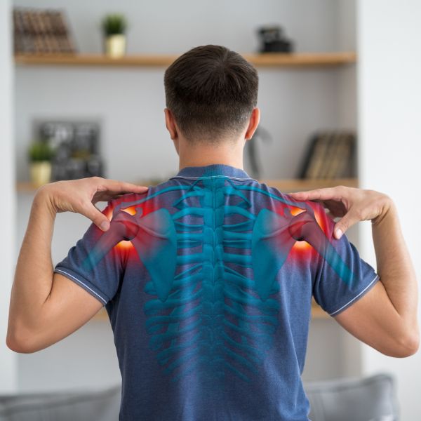 An illustration of shoulder pain on a male body